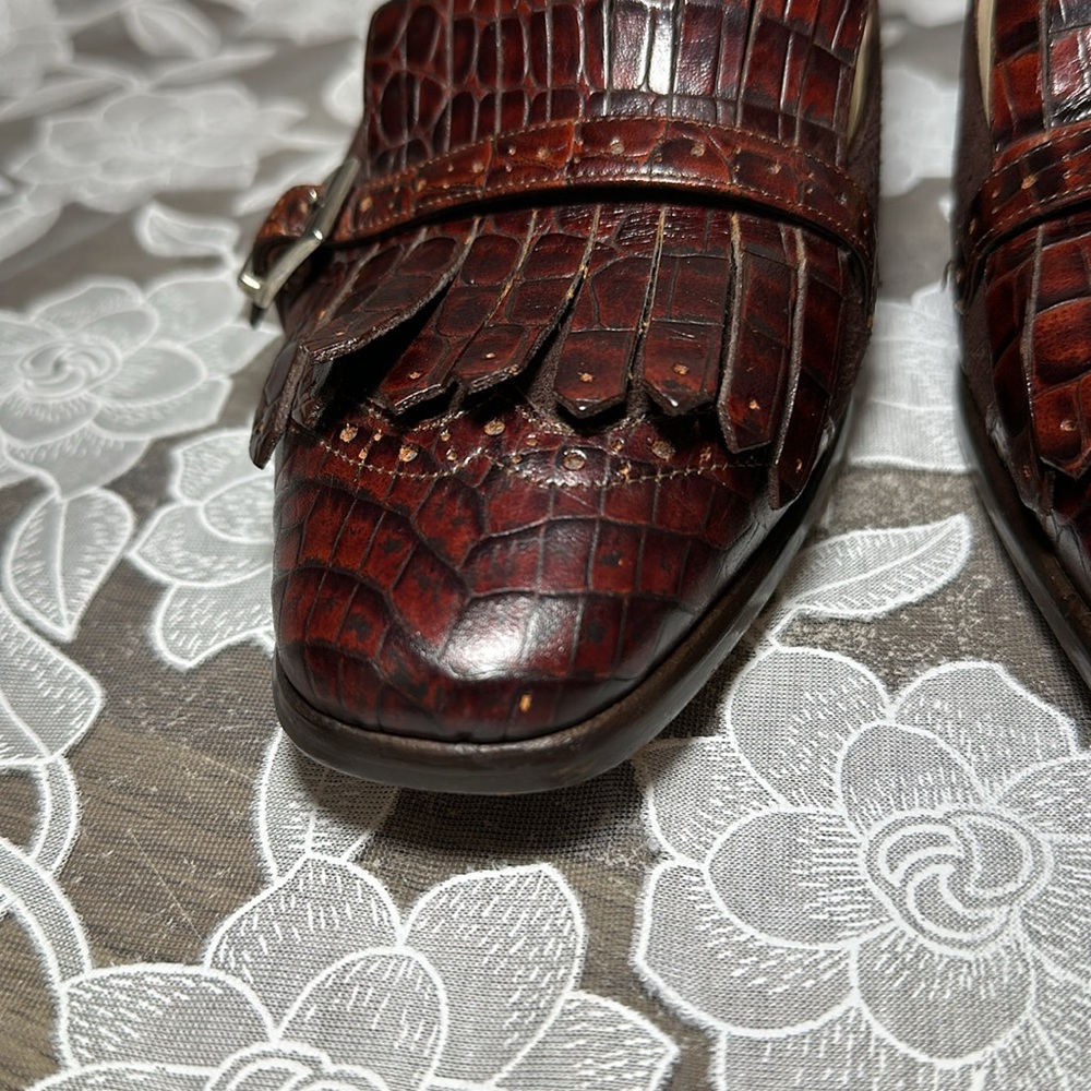 Joan & David Brown Loafer Heel Suede Embossed Buckle Fringe Vintage Italy 10 - Picture 6 of 16